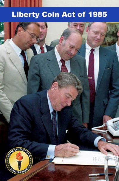 Ronald Reagan signing the Liberty Coin Act of 1985