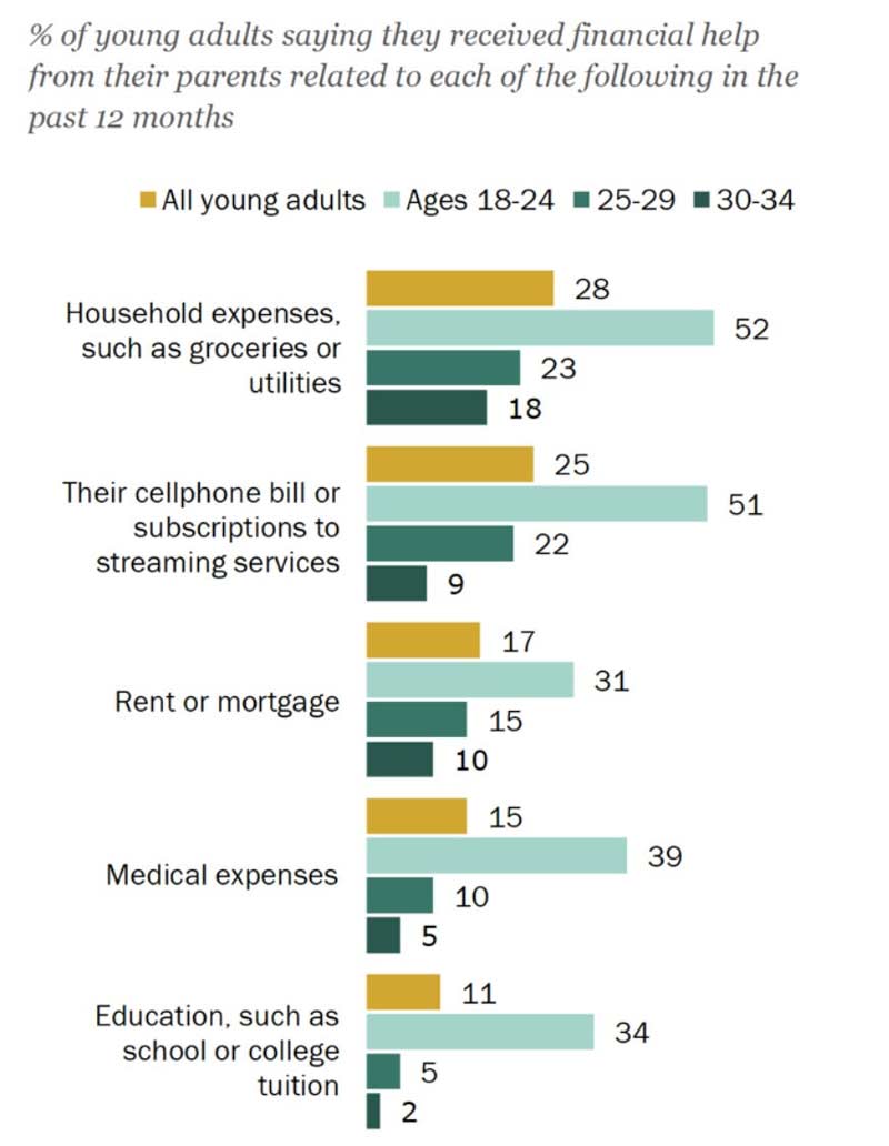 Percentage of Young Adults Saying they Received Financial Help from Their Parents Related to Each of the Following in the Past 12 Months (Chart)